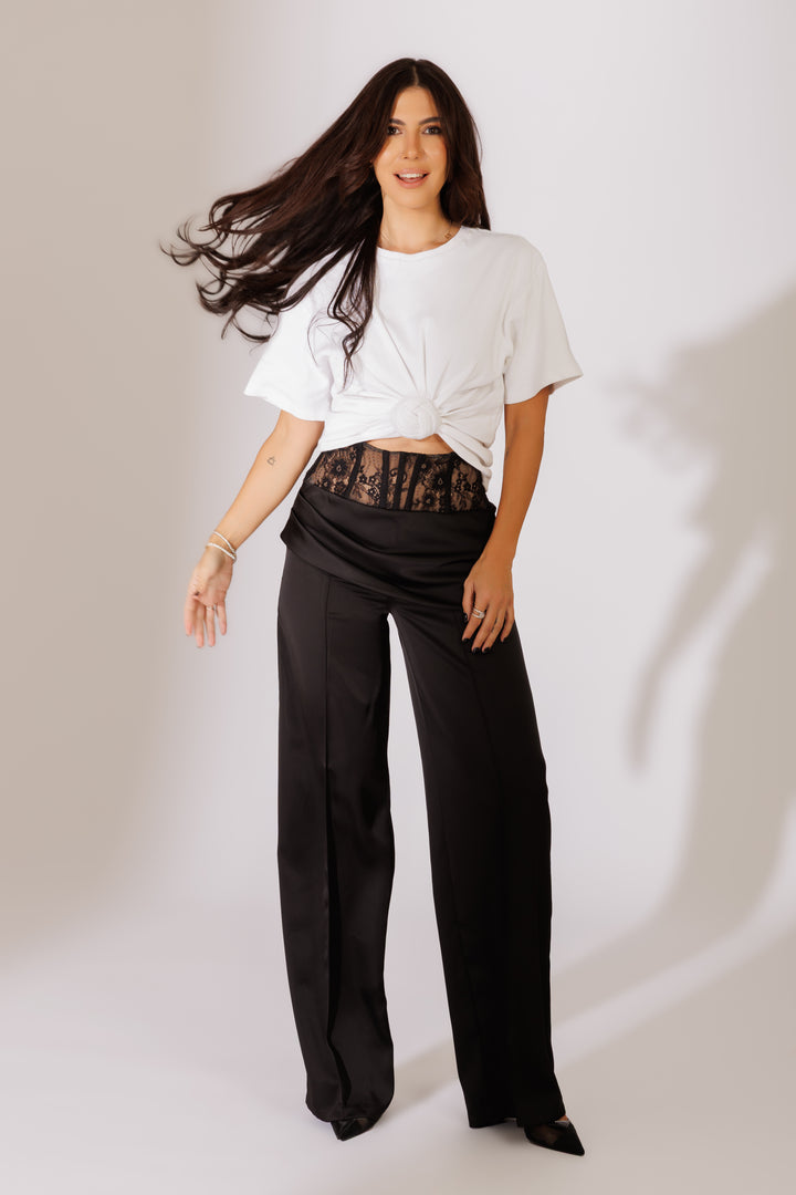 Pantaloni tuxedo din satin cu dantela