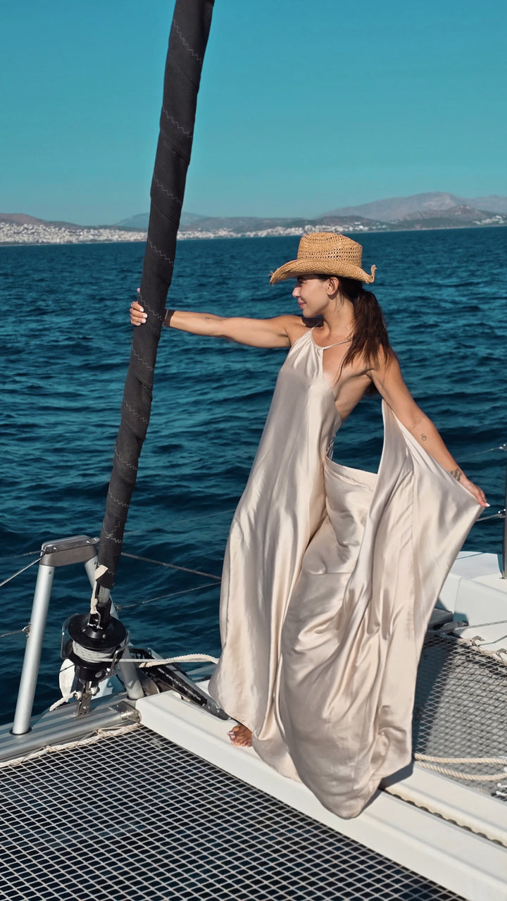 Rochie Elena maxi din satin (bej)